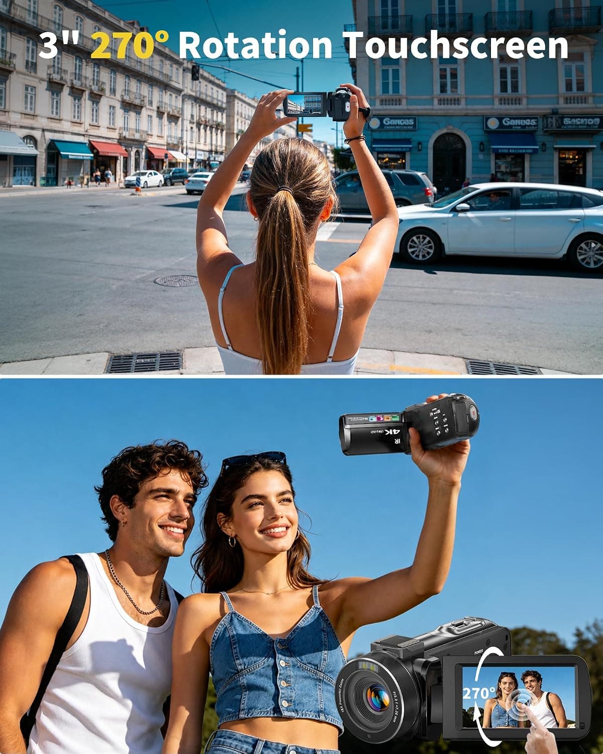 4K Video Camera Camcorder 96MP UHD Vlogging Camera for YouTube 18X Digital Zoom 3.0 IPS 270° Rotation Touch Screen Video Recorder with Remote Control, Night Vision, 32GB Card, 2 Batteries
