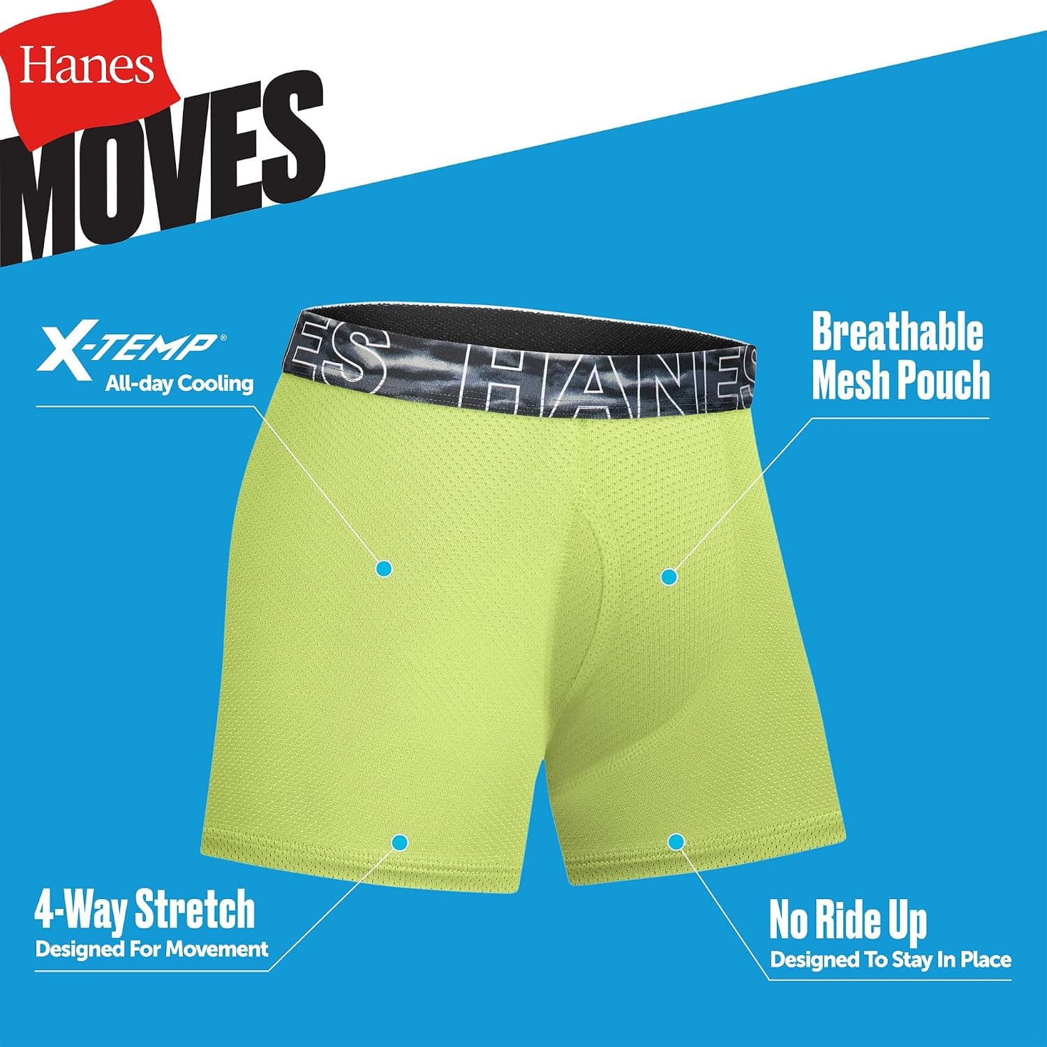 Hanes Boys' Moves Performance Underwear Boxer Brief, 6-pack, All Over Mesh Moisture Wicking Boxer Briefs
