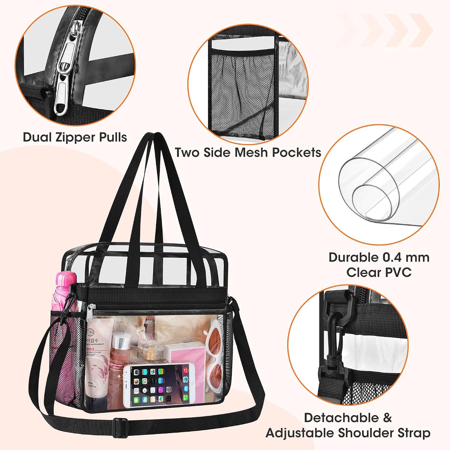 Oraben Clear Tote Bag Clear Bag Stadium Approved 12x6x12 Stadium Bag for Work, Sports Games,Gym