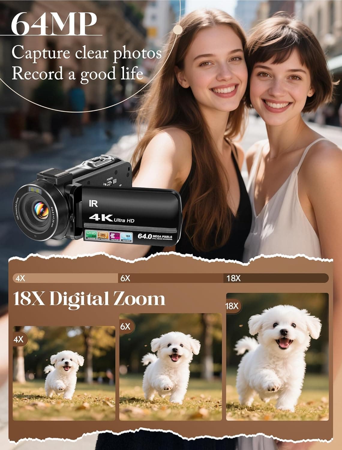 ZYDIIE 4K Video Camera Camcorder UHD 64MP Vlogging Camera for YouTube 18x Digital Zoom 3" 270° Rotation IPS Touchscreen Video Camcorder with Night Vision, Remote Control, 32GB Card, 2 Batteries