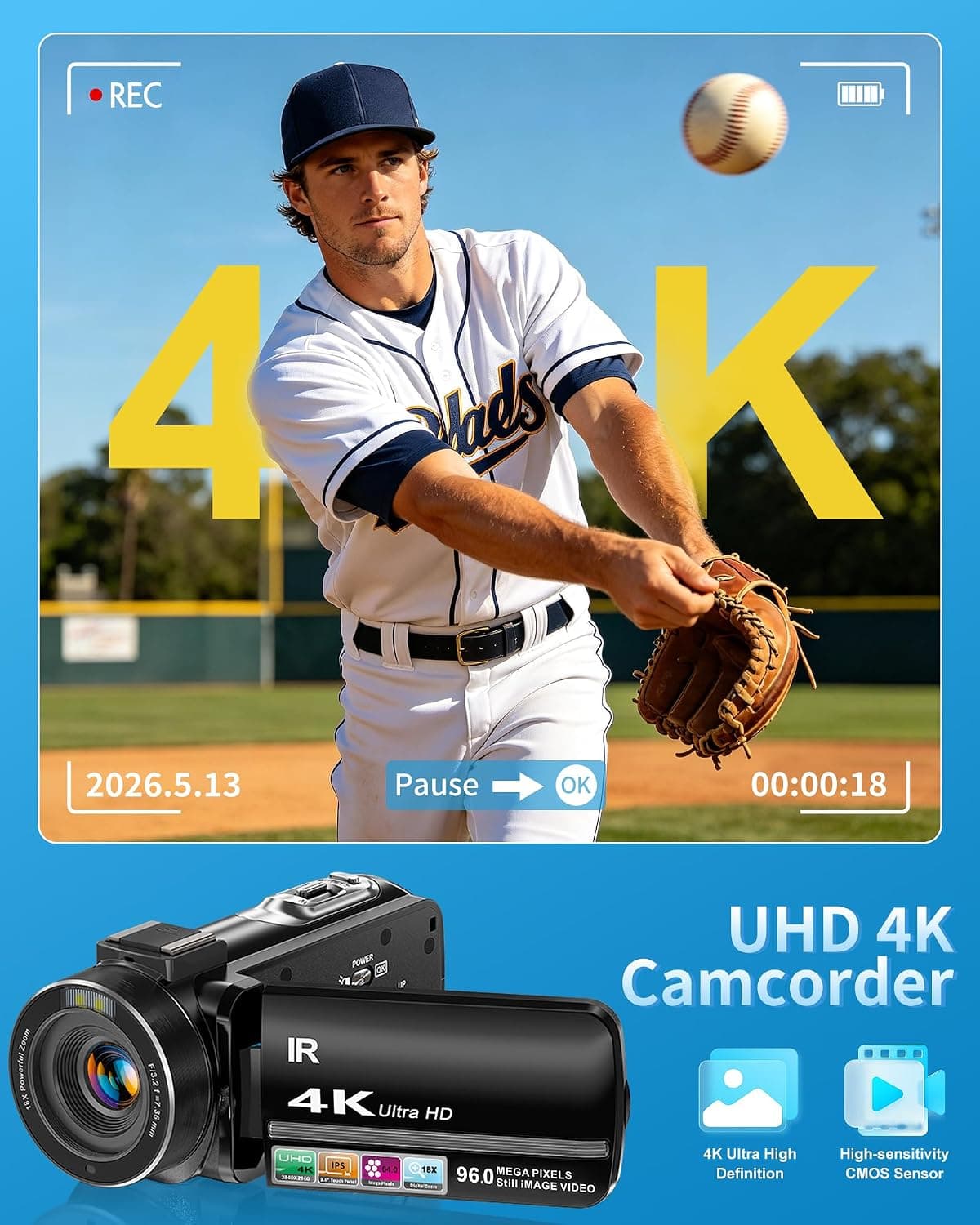 4K Video Camera Camcorder 96MP UHD Vlogging Camera for YouTube 18X Digital Zoom 3.0 IPS 270° Rotation Touch Screen Video Recorder with Remote Control, Night Vision, 32GB Card, 2 Batteries