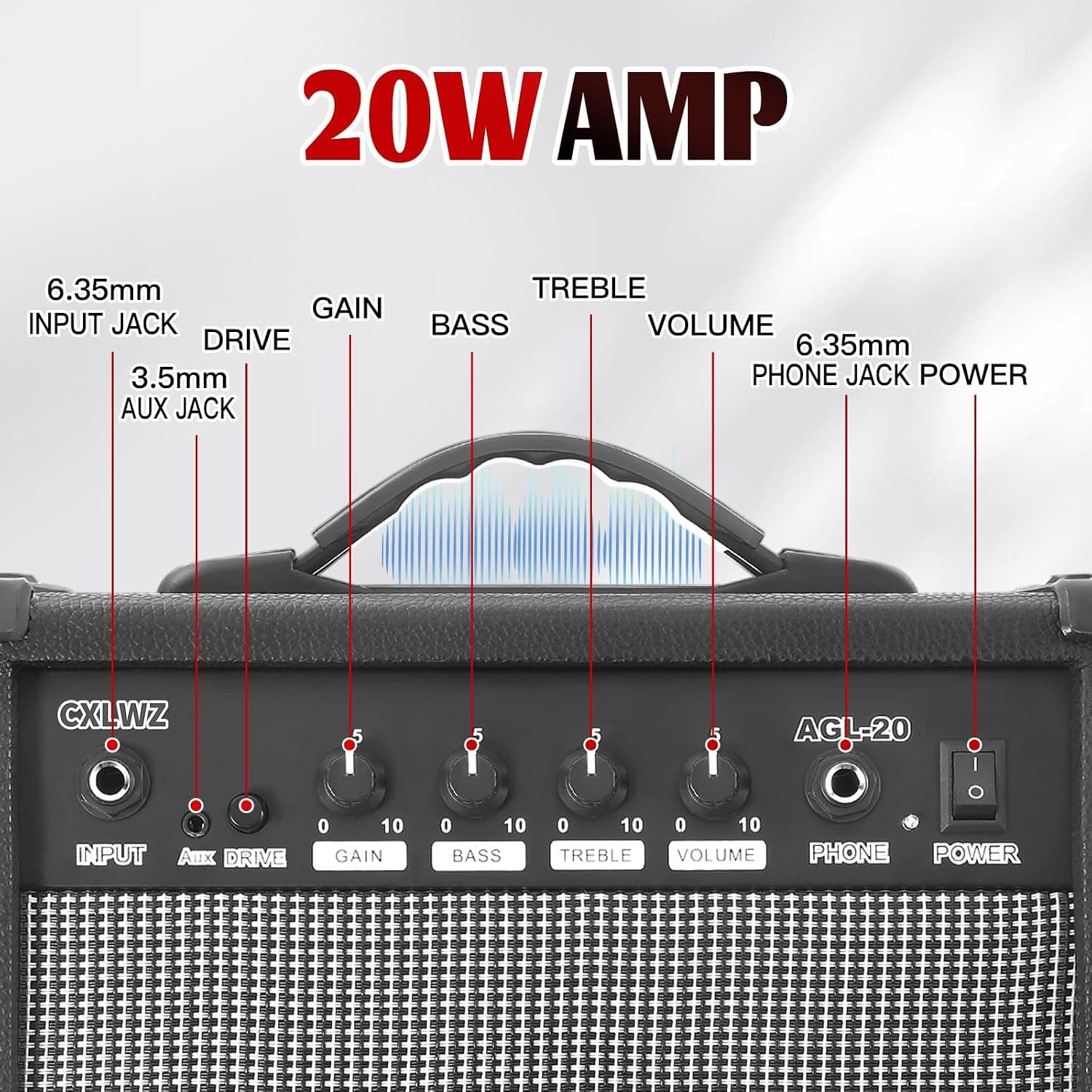 Electric Guitar Amp 20 Watt Amplifier Portable Amp with Headphone Input Gain Powe Including Professional Noise Reduction Cable （Black）