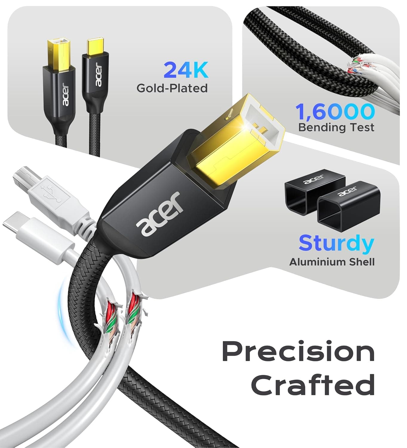 Acer USB B to USB C Cable 6.6FT, Nylon Printer Cable for Printer & MIDI | Aluminum Case & Gold-Plated, USB-B 2.0 480Mbps, USB C MIDI Cable for MacBook Pro/Air, for Brother, HP, MIDI Keyboards & DACs