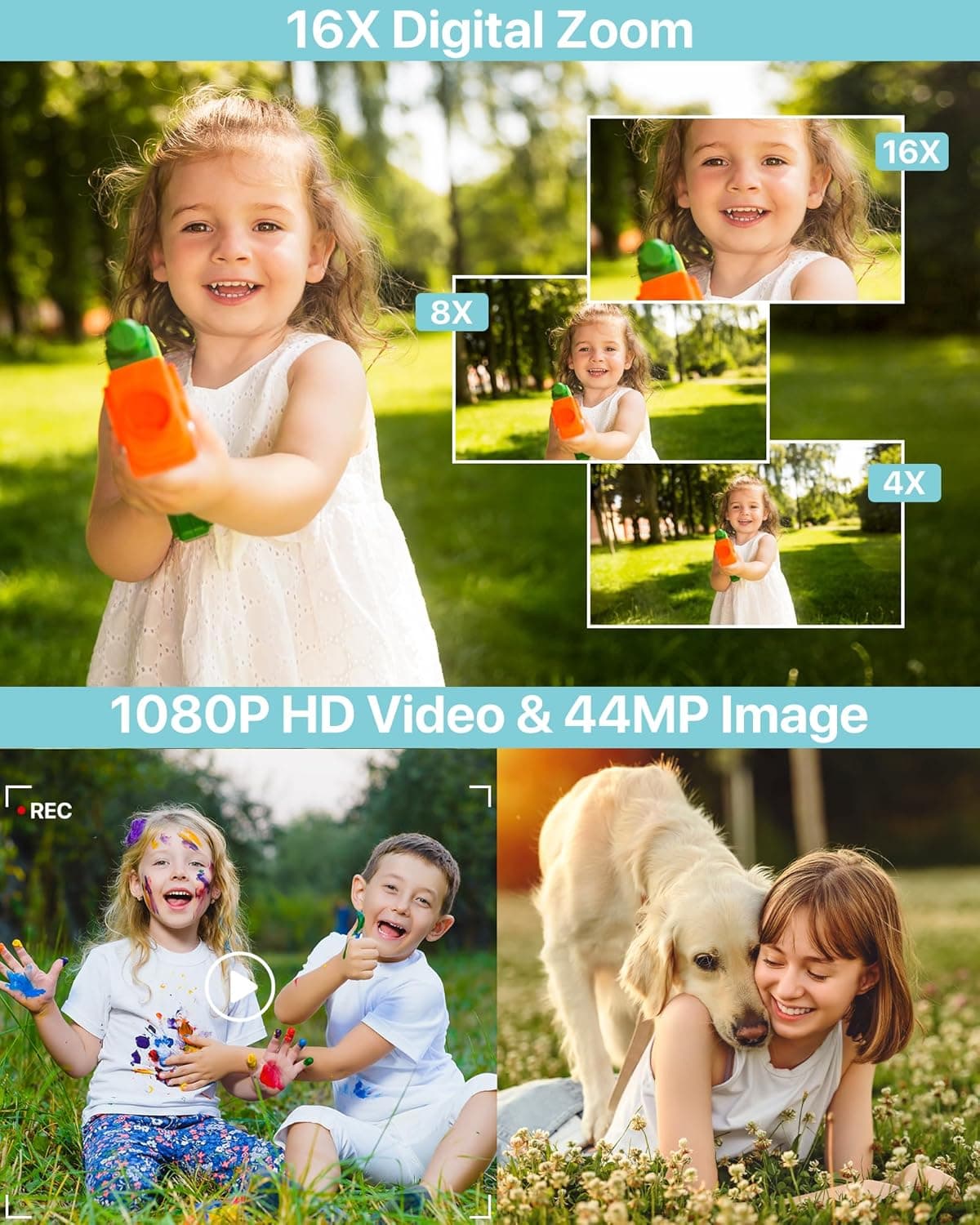Digital Camera, Latest FHD 1080P Digital Camera for Teens with SD Card Anti Shake Point and Shoot Cameras Portable 16X Zoom Compact Small Cameras for Kids Boys Girls Seniors with Wrist Strap