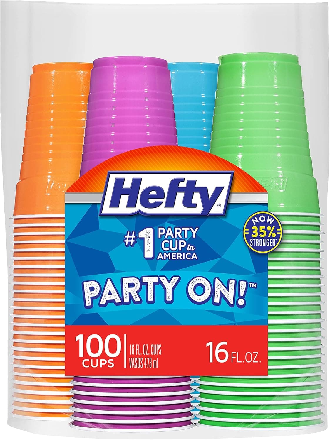 Hefty Party On Disposable Plastic Cups, Assorted, 16 Ounce, 100 Count | Bulk Pack, Disposable Plastic Cups for Parties, 4 Fun Colors, Easy-to-Grip Design, Ideal for Large Tailgates, BBQs, Birthdays