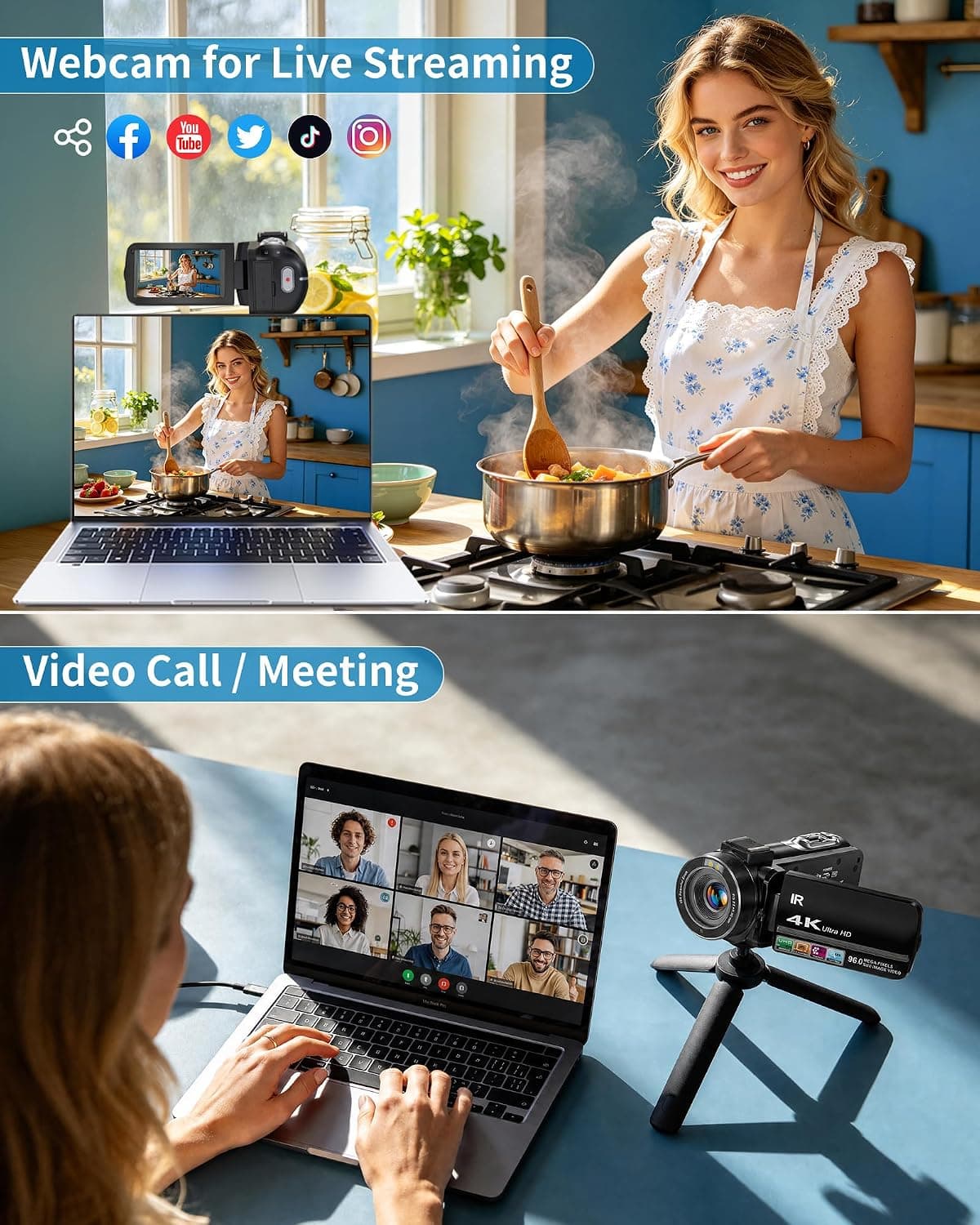4K Video Camera Camcorder 96MP UHD Vlogging Camera for YouTube 18X Digital Zoom 3.0 IPS 270° Rotation Touch Screen Video Recorder with Remote Control, Night Vision, 32GB Card, 2 Batteries