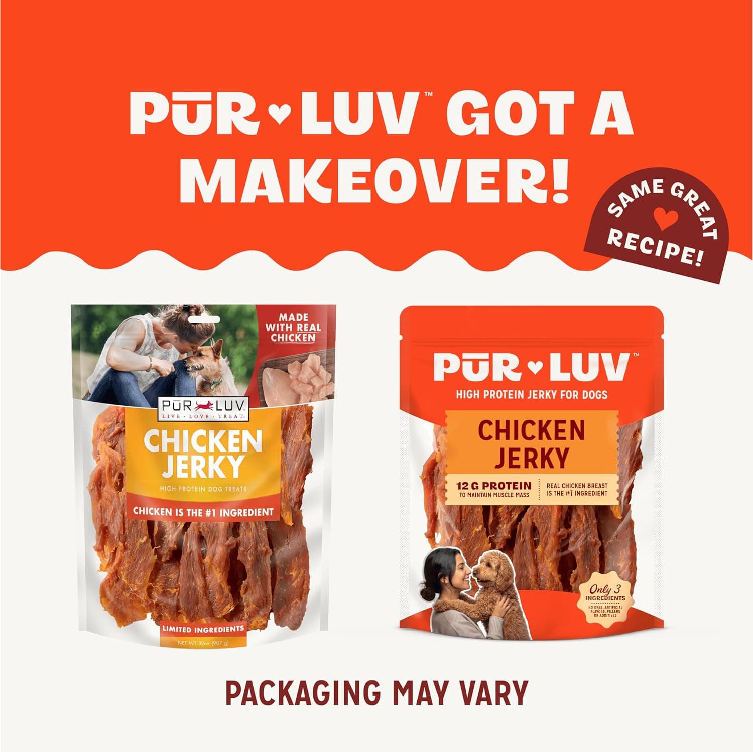 Pur Luv Chicken Jerky Dog Treats, Made with 100% Real Chicken Breast, 16 Ounces, Healthy, Easily Digestible, Long-Lasting, High Protein, Satisfies Dog's Urge to Chew | 3-ingredient jerky: whole-muscle chicken breast, 12g protein/treat; no dyes, fillers or artificial flavors