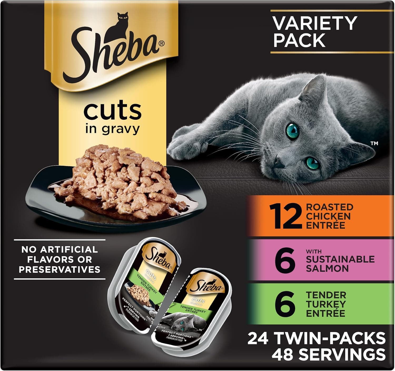 Sheba Perfect Portions Cuts Wet Cat Food, Multipack, 2.6 oz, 24 ct | Grain-free, Chicken, Salmon & Turkey flavors, protein-rich, no corn or soy, essential vitamins & minerals, twin-pack trays