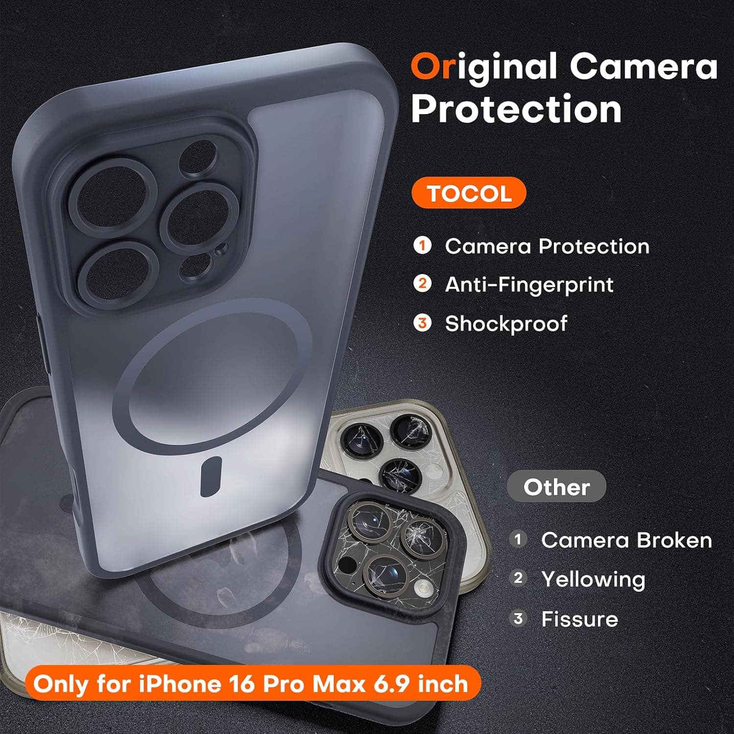TOCOL for iPhone 16 Pro Max Case, Compatible with MagSafe, Black | Built-in Magnets, Full Camera & Military-Grade Protection, Anti-Slip Shockproof Translucent Matte Back Phone Cover