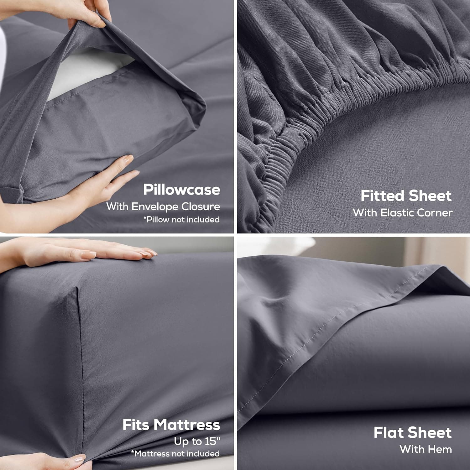 Queen Sheets Set, 4 Pieces 16" Deep Pocket Hotel Luxury Bed Sheets, Grey | Extra Soft Bedsheet Set, Comfy & Breathable Cooling Sheets, Wrinkle & Fade Resistant, Fitted Sheet, Flat Sheet, 2 Pillowcases