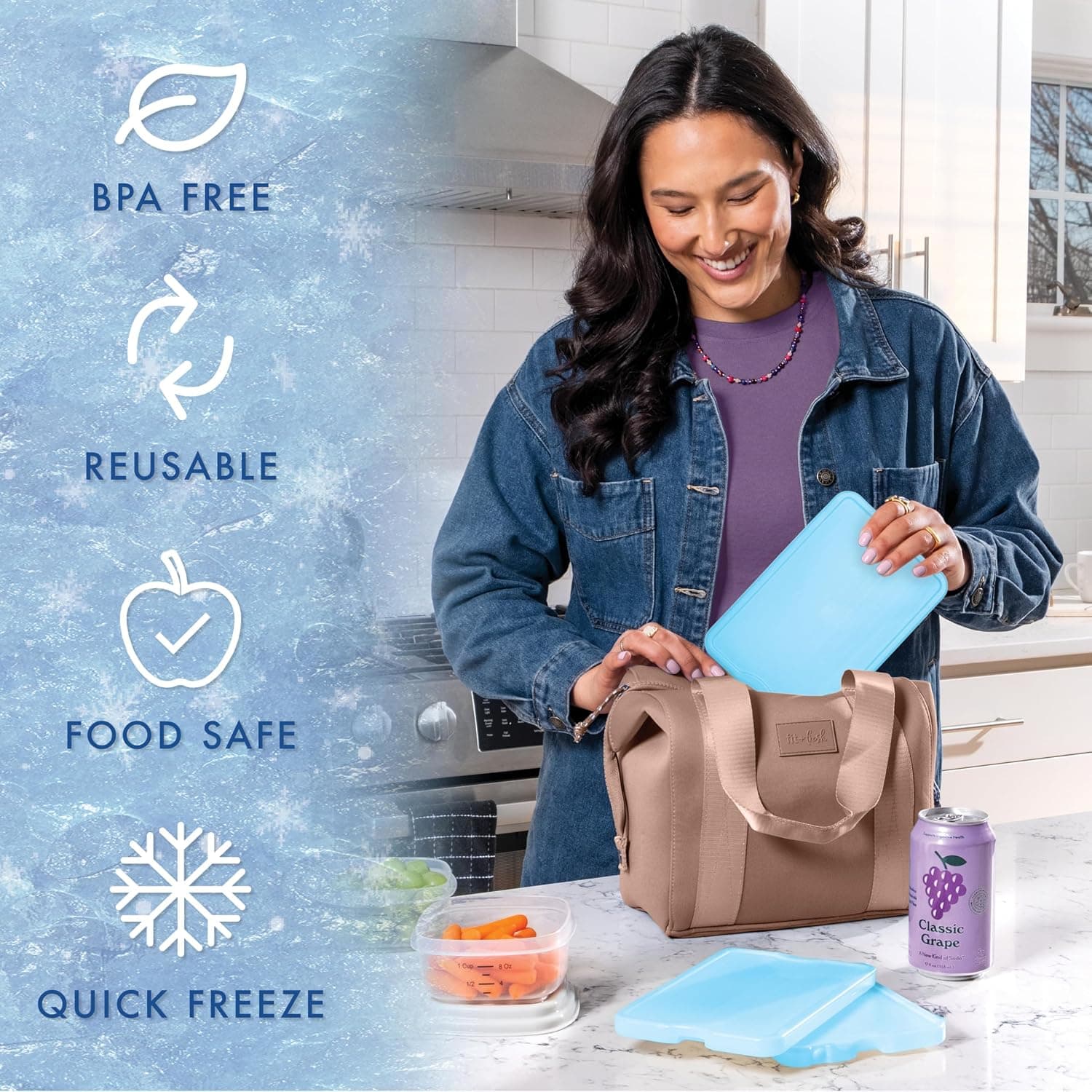 Cool Coolers by Fit & Fresh 4 Pack XL Slim Ice Packs, Quick Freeze Space Saving Reusable Ice Packs for Lunch Boxes or Coolers