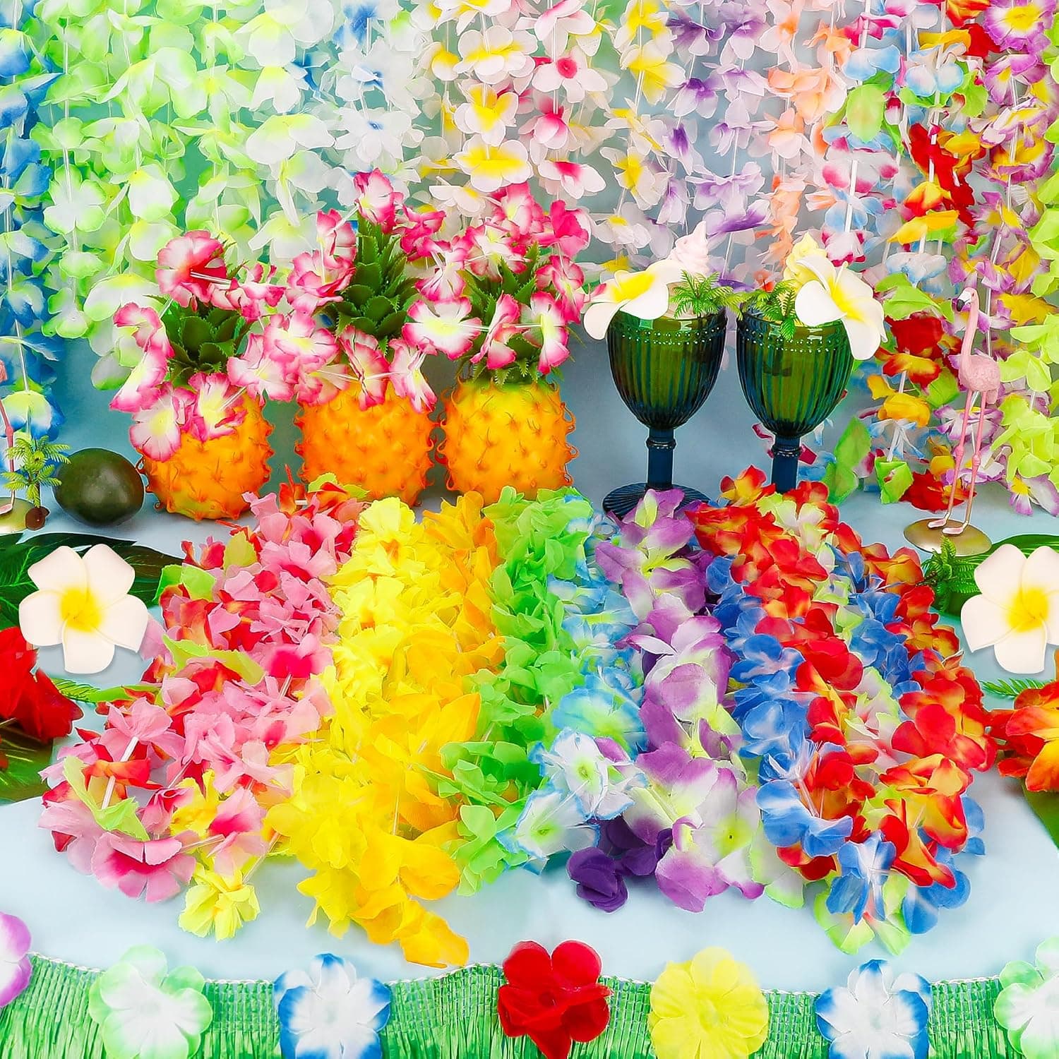 Hawaiian Leis, 24PCS Hawaiian Party Decorations Silk Flower Necklace | Colorful Luau Party Decorations, Tropical Designs Leis, Hula Dance Costume Accessories, Great for Summer Beach & Pool Party