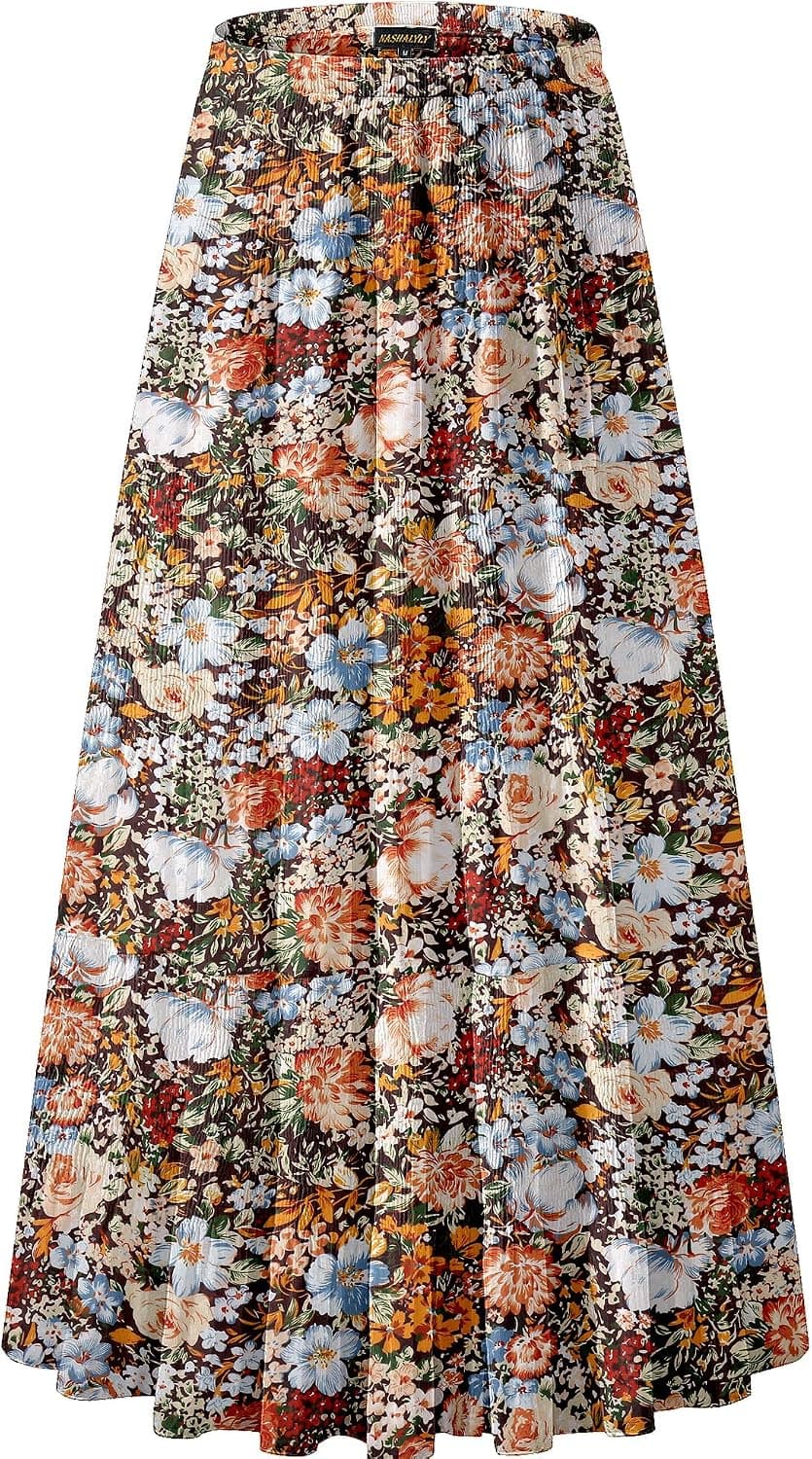 Women's Chiffon Elastic High Waist Pleated A-Line Maxi Skirts