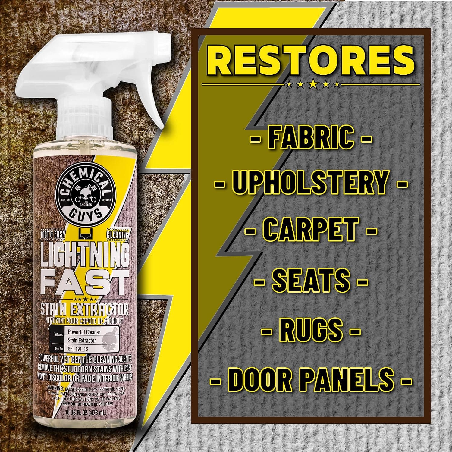 Chemical Guys, Lightning Fast Carpet & Upholstery Stain Extractor, 16 oz | Tackles coffee, soda, wine and pet messes on carpet, seats and mats, just spray, agitate and blot for a clean look.
