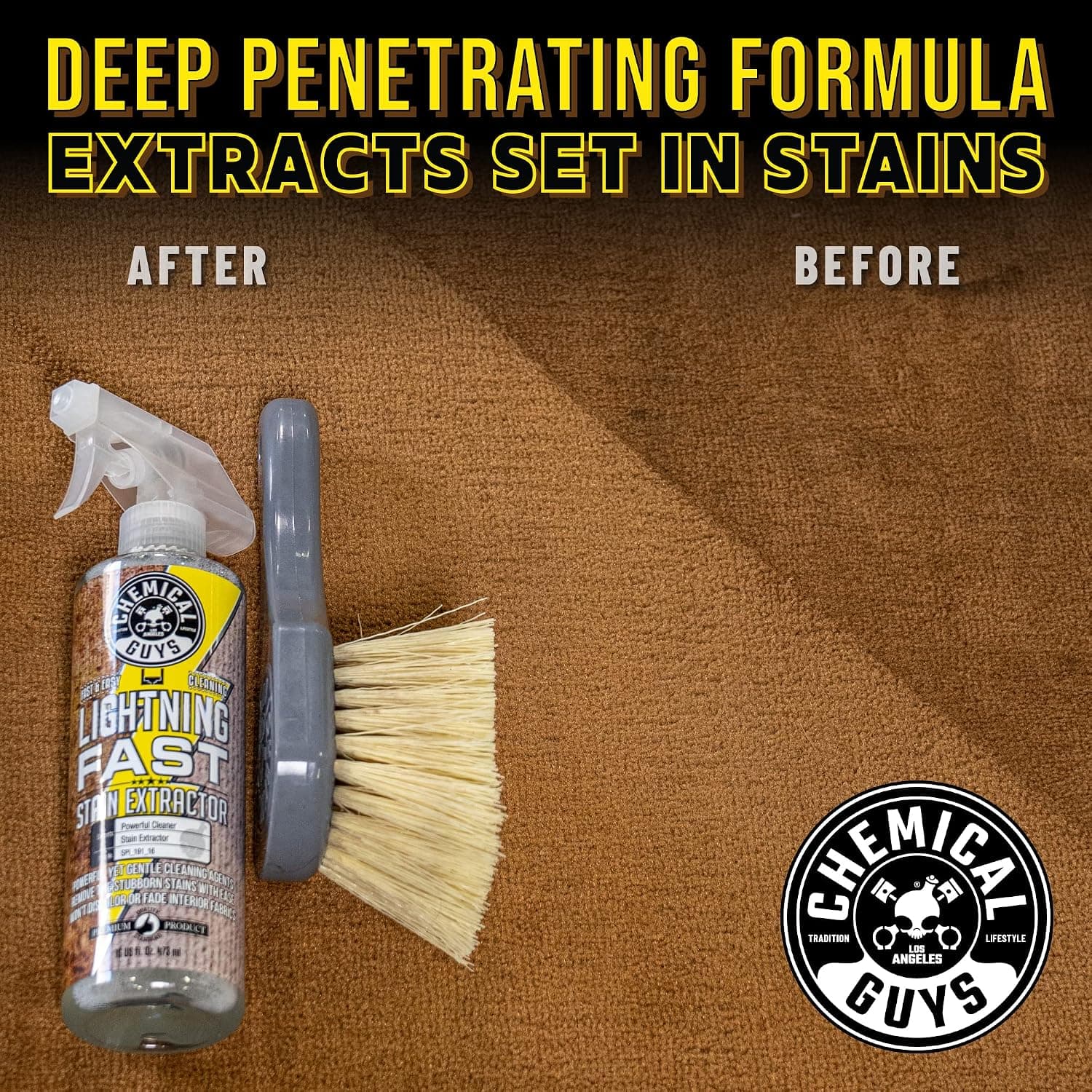 Chemical Guys, Lightning Fast Carpet & Upholstery Stain Extractor, 16 oz | Tackles coffee, soda, wine and pet messes on carpet, seats and mats, just spray, agitate and blot for a clean look.