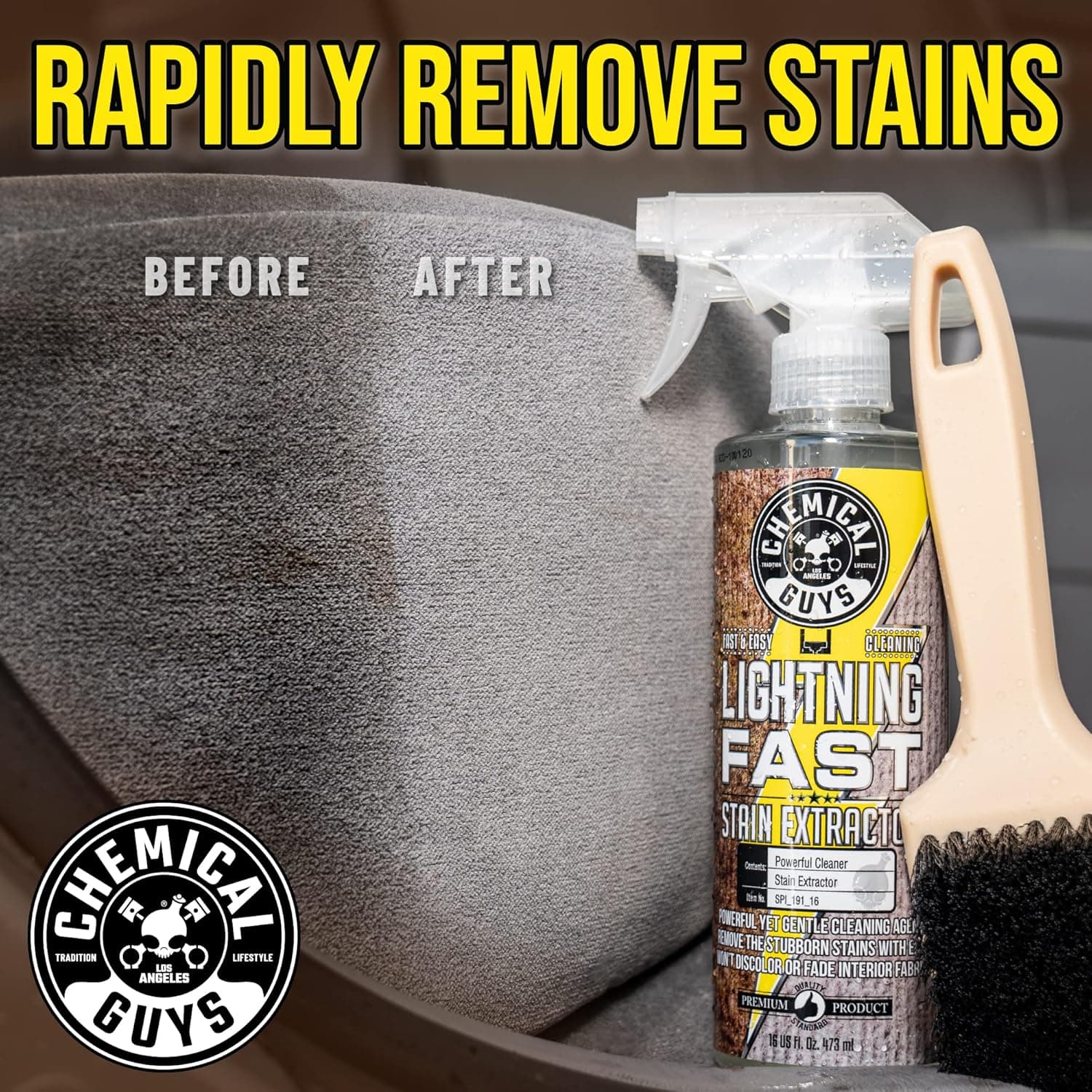 Chemical Guys, Lightning Fast Carpet & Upholstery Stain Extractor, 16 oz | Tackles coffee, soda, wine and pet messes on carpet, seats and mats, just spray, agitate and blot for a clean look.