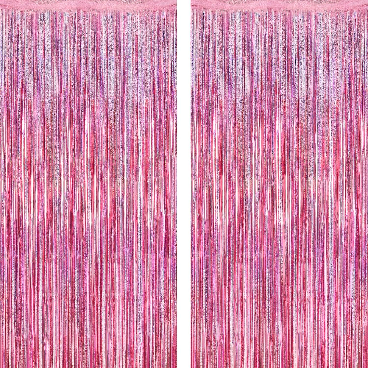 2 Pack Glitter Pink Backdrop, 3.28 FT x 7.05 FT Birthday Party Decorations, Laser Pink Fringe Curtains Foil Streamer Tinsel, Pink Curtains Photo Backdrop Happy Birthday Valentines Day Backdrop