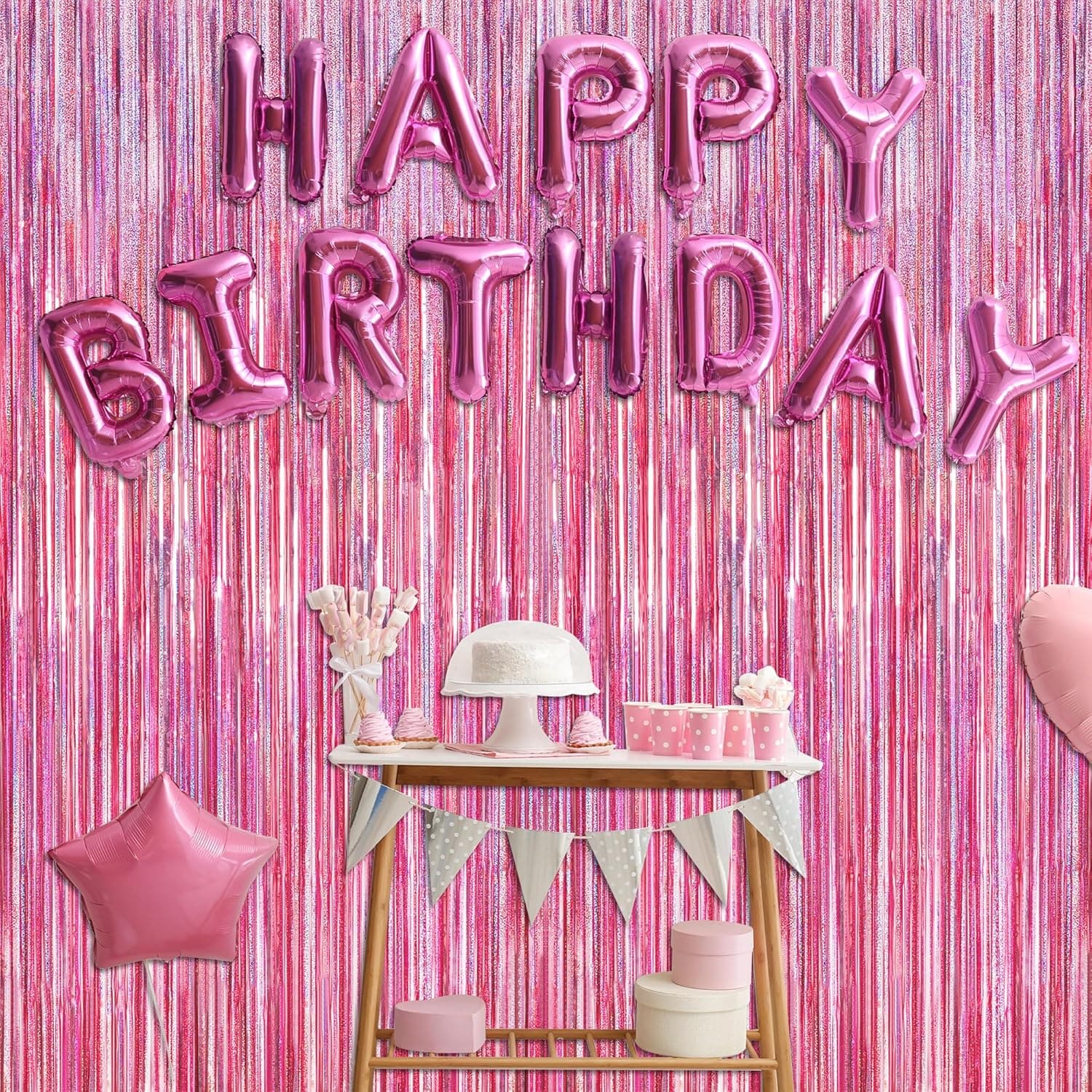 2 Pack Glitter Pink Backdrop, 3.28 FT x 7.05 FT Birthday Party Decorations, Laser Pink Fringe Curtains Foil Streamer Tinsel, Pink Curtains Photo Backdrop Happy Birthday Valentines Day Backdrop