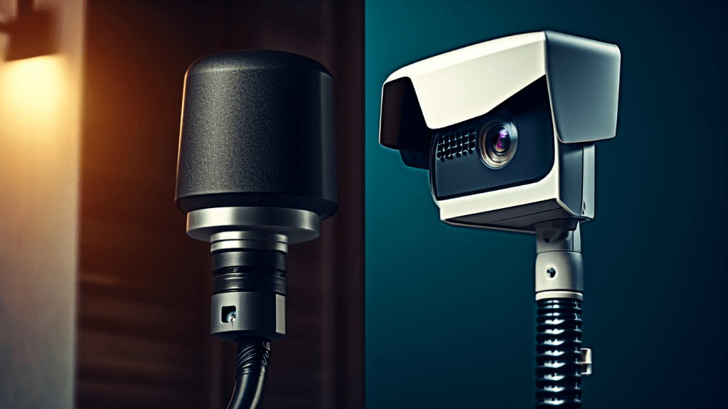 A side‑by‑side view of a wired security camera with a cable and a Wi‑Fi camera mounted near an outlet, illustrating the two installation methods.